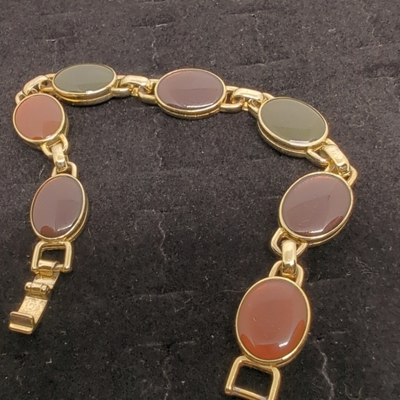 Vintage Bracelet Oval Tiger Eye Red Goldstone Emerald Fuchsite Glass Elegant  - Picture 3 of 13